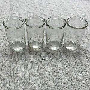 Set of 4 Jelly Jar Juice Glasses, Diamond Banded Jar Wine, Retro Farmhouse
